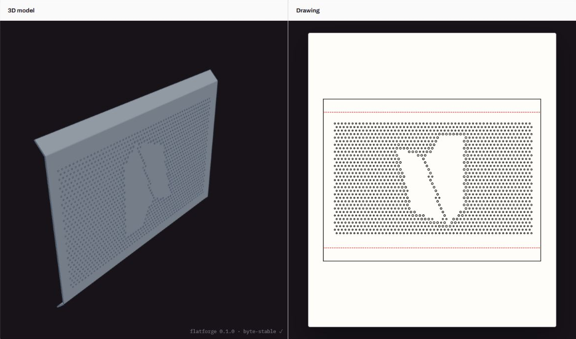 The 3 mm perforated panel in 3D beside the flat pattern generated by LAMINA, with its two bend lines and matching blank area.