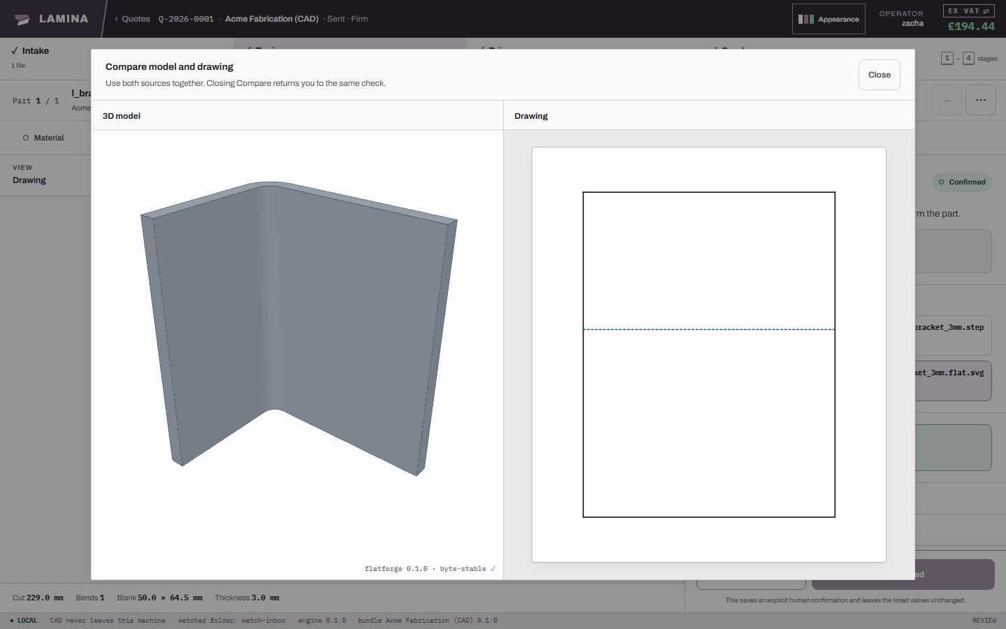 LAMINA showing a folded 3D part alongside its customer drawing for comparison